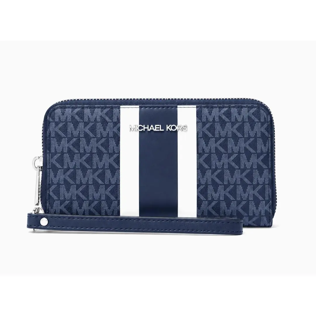 Michael Kors Jet Set Metallic Signature Logo Stripe Smartphone Wallet Navy