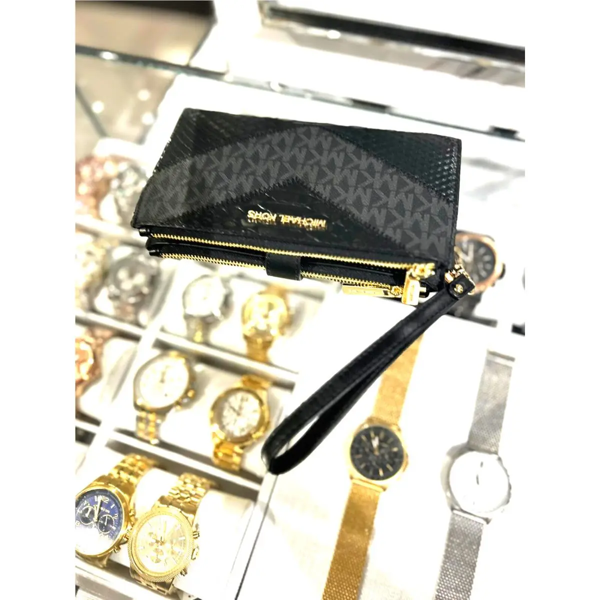 Michael Kors Large Black Double Zipper Wristlet Credit Card Phone Holder Wallet
