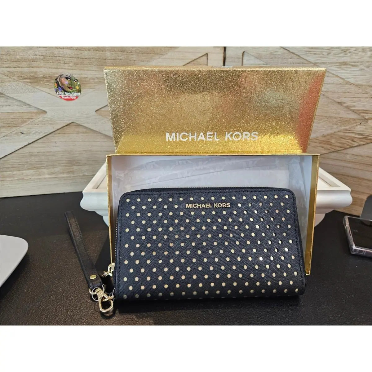 Michael Kors Black Jet Set Wallet Travel Perforated Gold Phone Wristlet