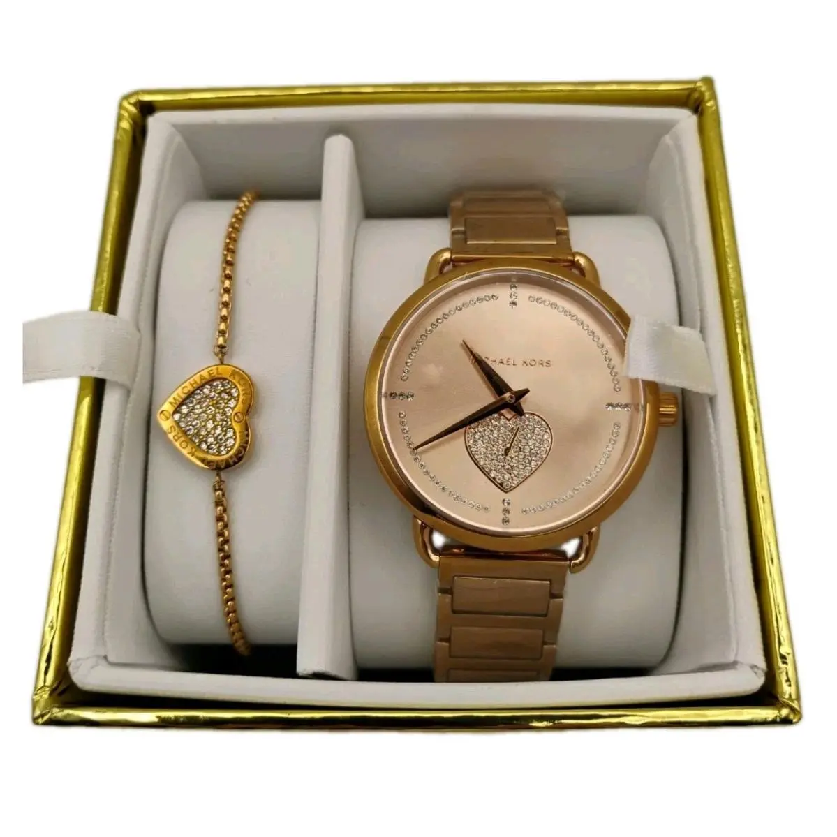 Michael Kors Portia Rose Gold Tone Stainless Steel Bracelet Watch 37mm Set