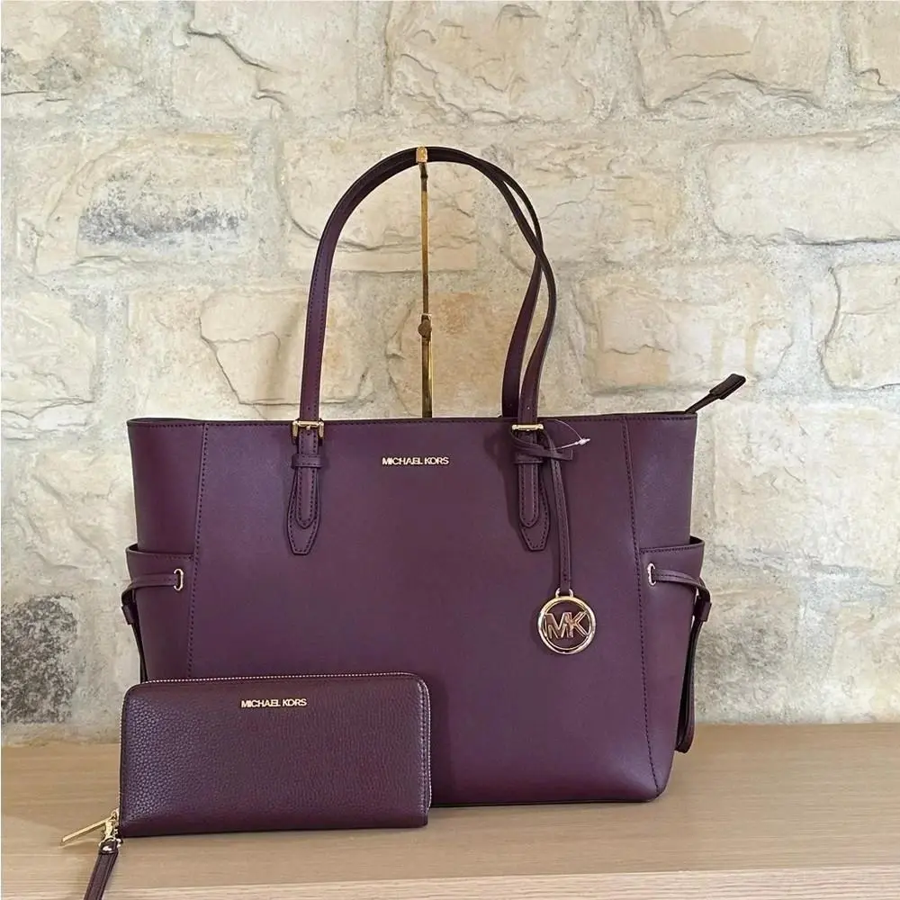 Michael Kors Gilly Large Drawstring Tote Saffiano Leather + Wallet Bordeaux