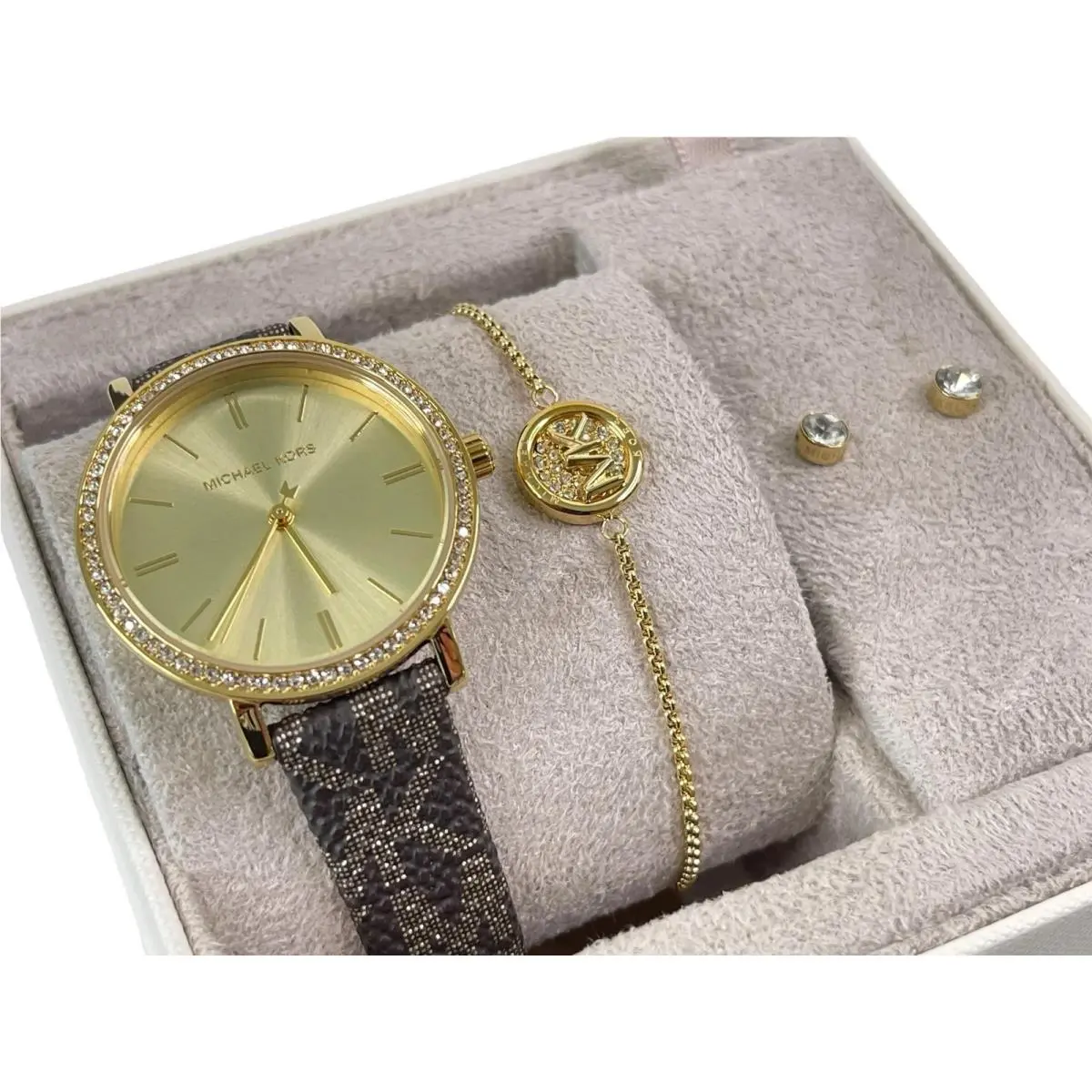 Michael Kors Ladies Gold Watch Earrings + Necklace Jewelry Gift Box Set