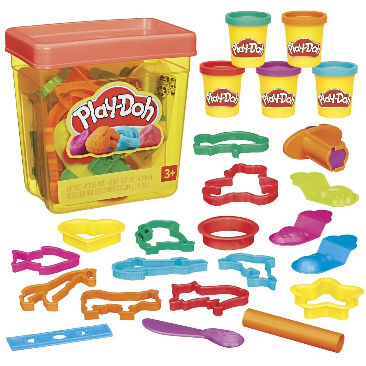 Play-doh Fun Tub Set 5 Cans 19 Accessories Animal Shape Cutters Kids Arts Crafts