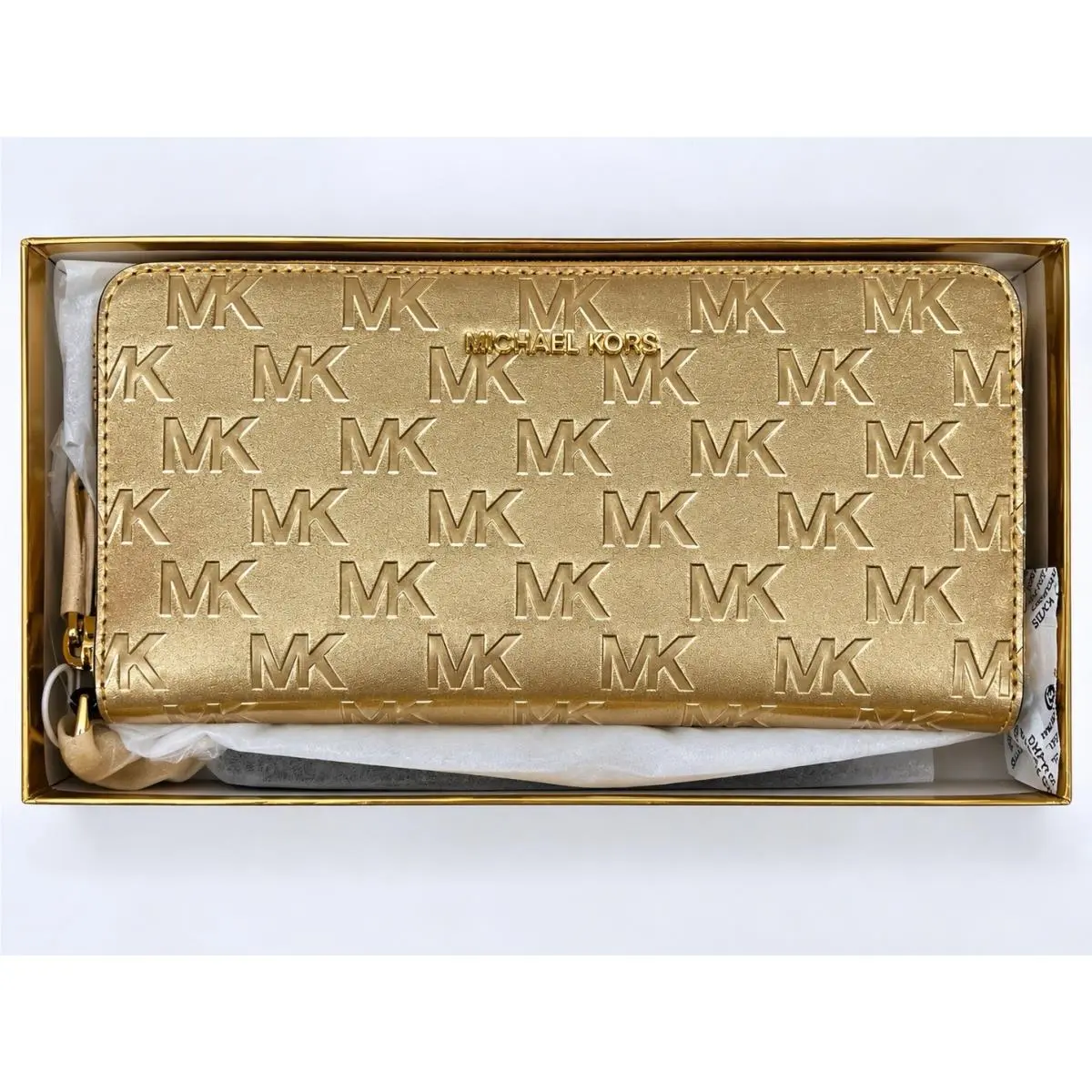 Michael Kors Gold MK Monogram Zip Around Wallet Wristlet Women’s Reg