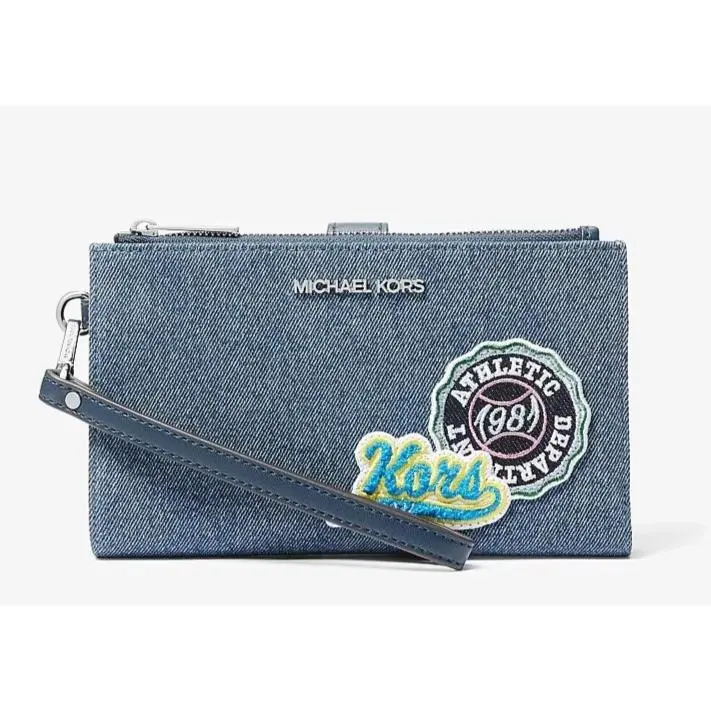 Michael Kors Jet Set Travel Women Double Zip Wristlet Phone Wallet Denim Blue