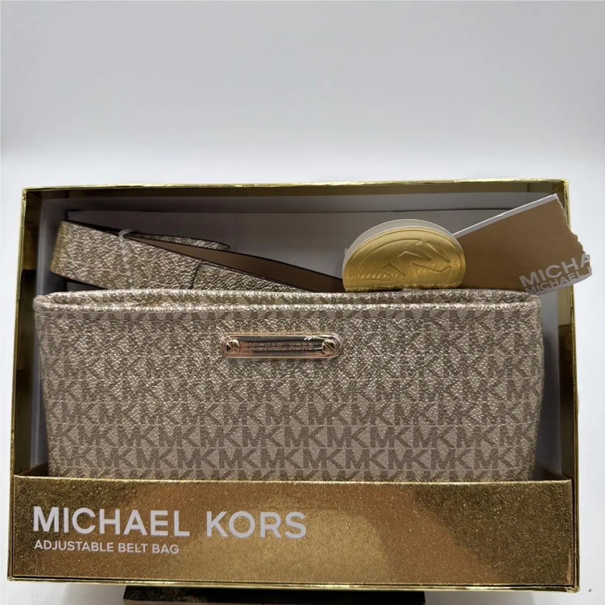 Michael Kors Gift Box MK Signature Belt Wallet Waist Bag Size L/xl Pale Gold