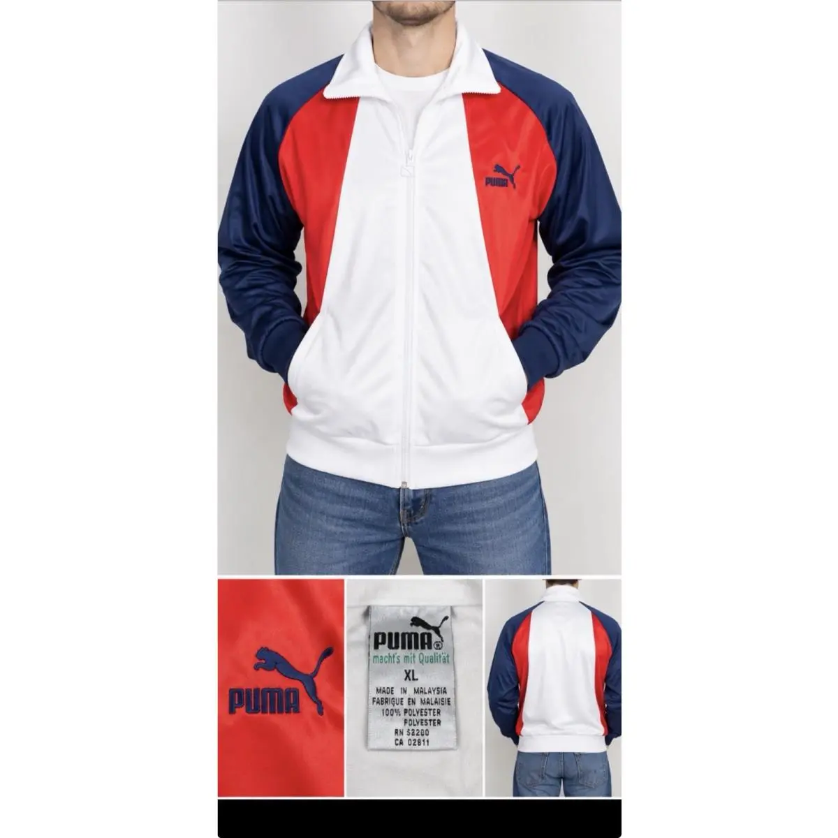 Vintage Puma Mens XL Track Jacket White Red Navy Full Zip 90s