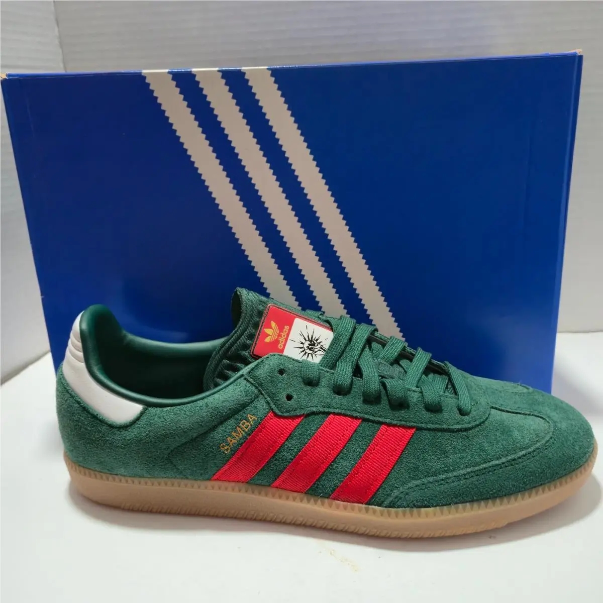 Adidas Men`s Samba OG Suede Low Top Sneakers Shoes Dark Green Scarlet Gum Sz 11