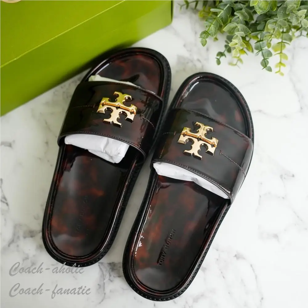 Tory Burch Everly Anatomic Lug Slide Sandal in Tortoise Patent Leather 7/7.5/8