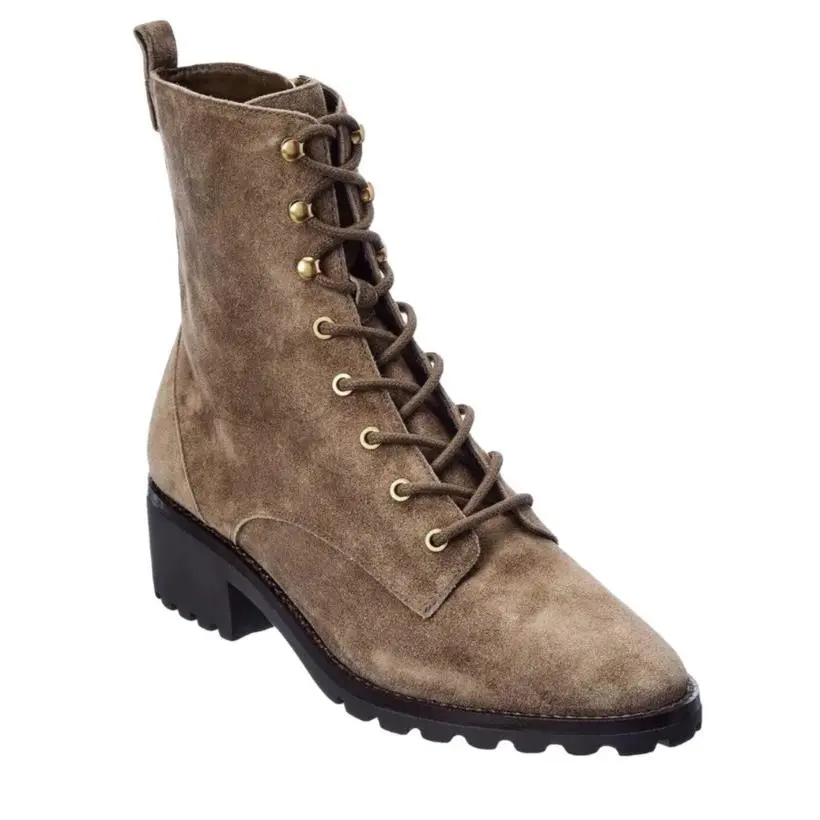 Tory Burch Suede Lace Up Combat Lug Sole Boots 7.5M River Rock Brown 85071