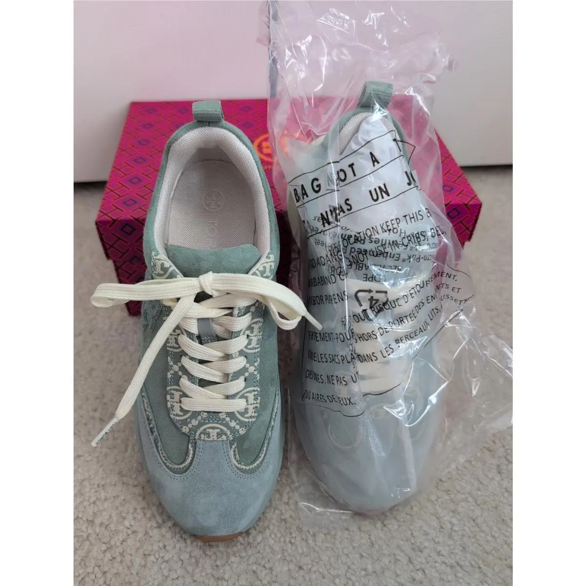 Tory Burch T Monogram Good Luck Trainer Sneakers Shoes Blue Celadon Size 8