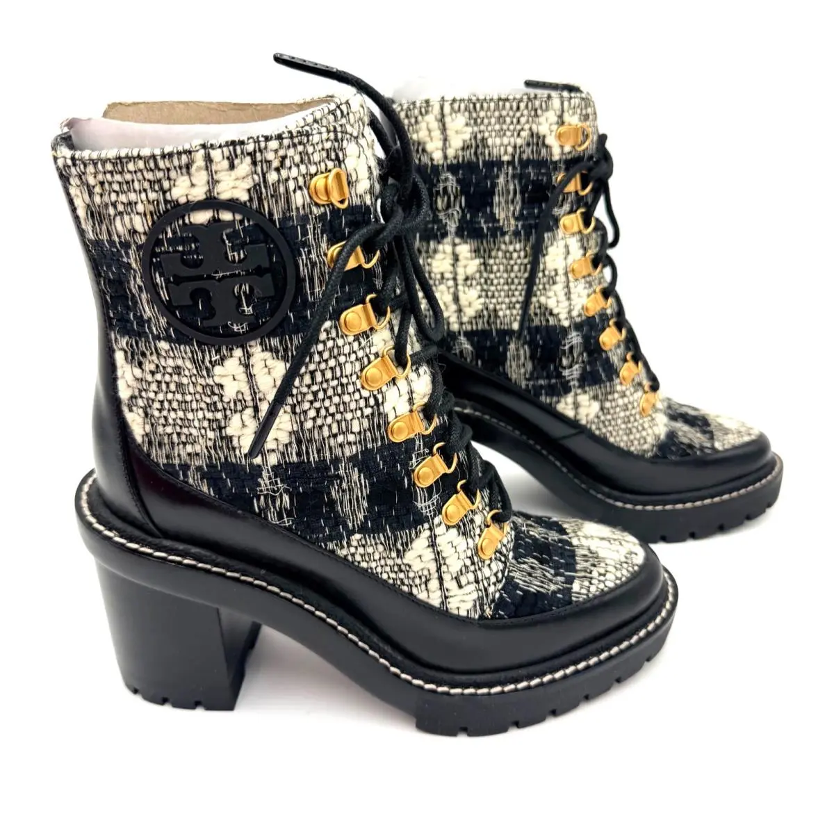 Tory Burch Miller 90MM Lug Sole Booties Wool Leather Black White Size 6
