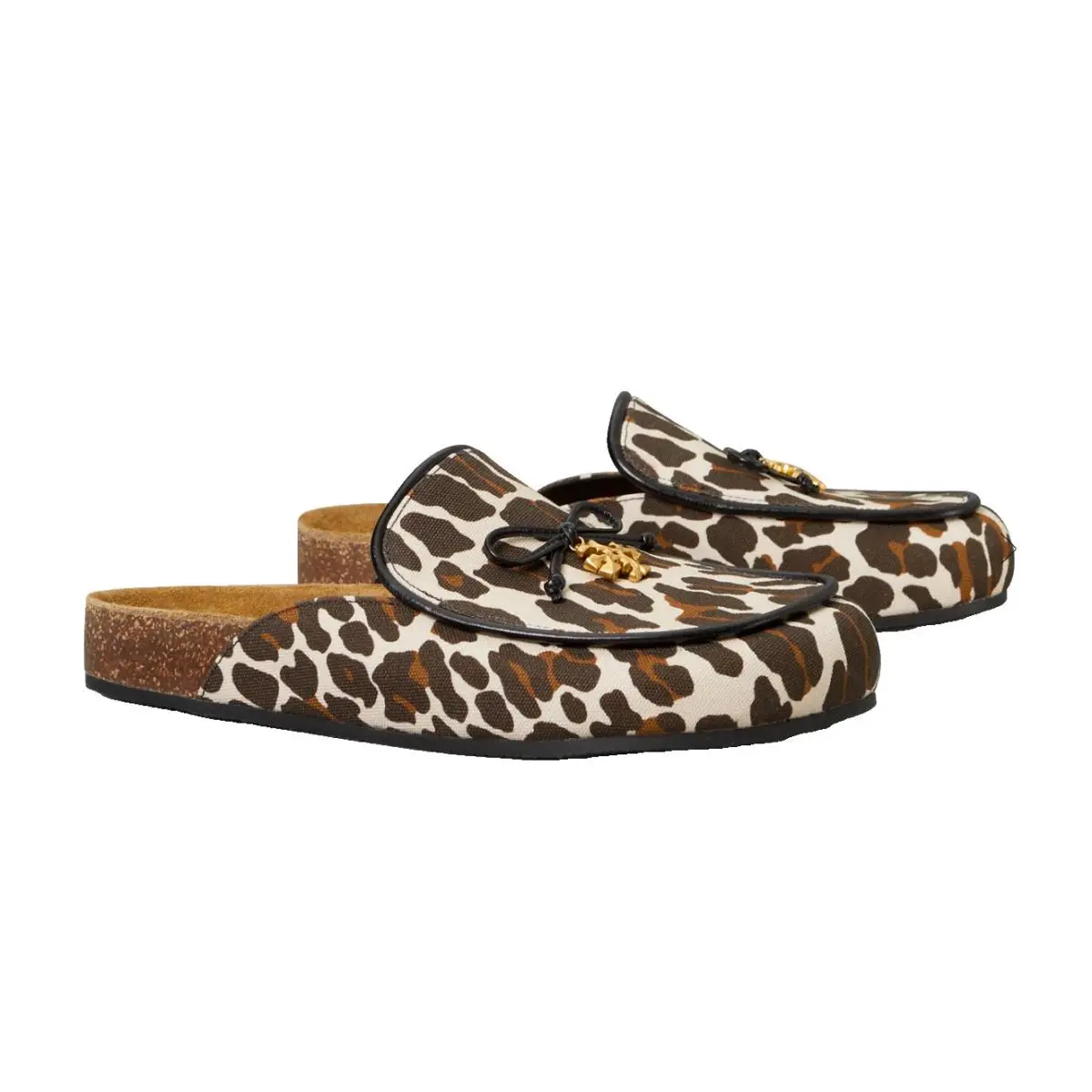 Tory Burch Tory Charm Mules Flat Slip-on Reva Leopard Canvas Natural Cork Sz 10