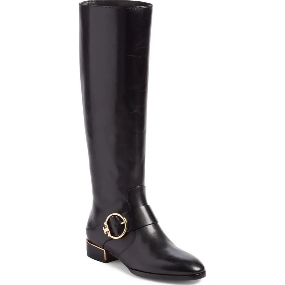 Tory Burch Sofia Buckled Logo Knee High Riding Boot Flat Equestrian 6 Black