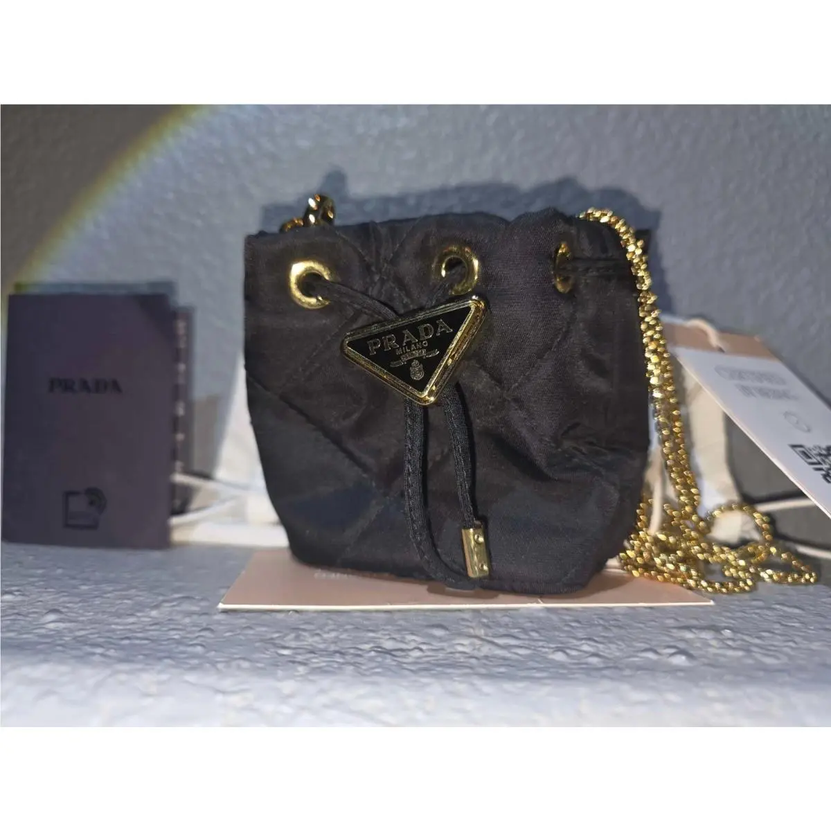 Triangle Logo Drawstring Pouch Bucket Bag Velvet Mini w/ Authenticy Card by Prada
