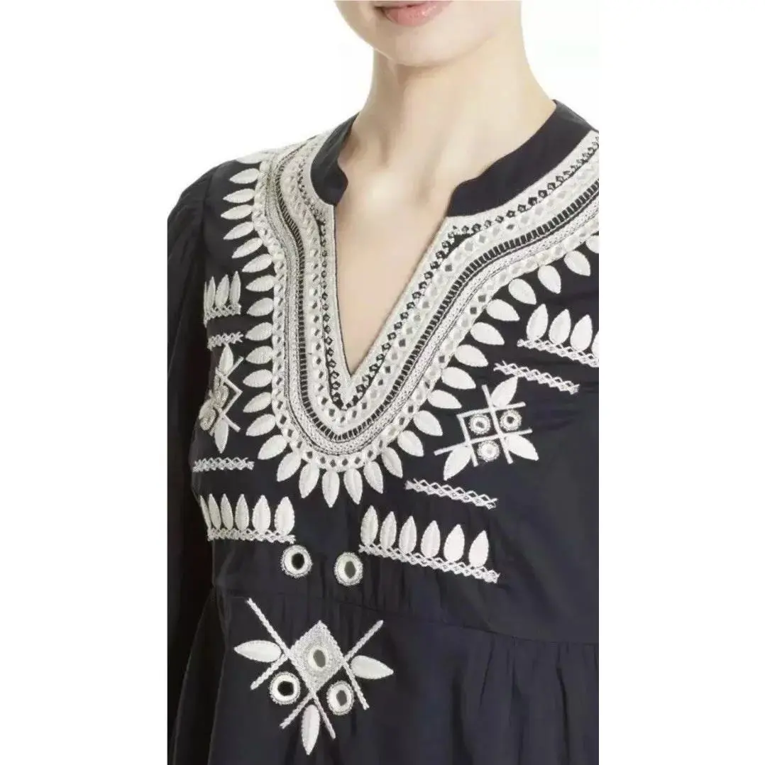 Tory Burch Navy Blue Keegan Embroidered Cotton Tunic Kaftan Maxi Dress Size 6