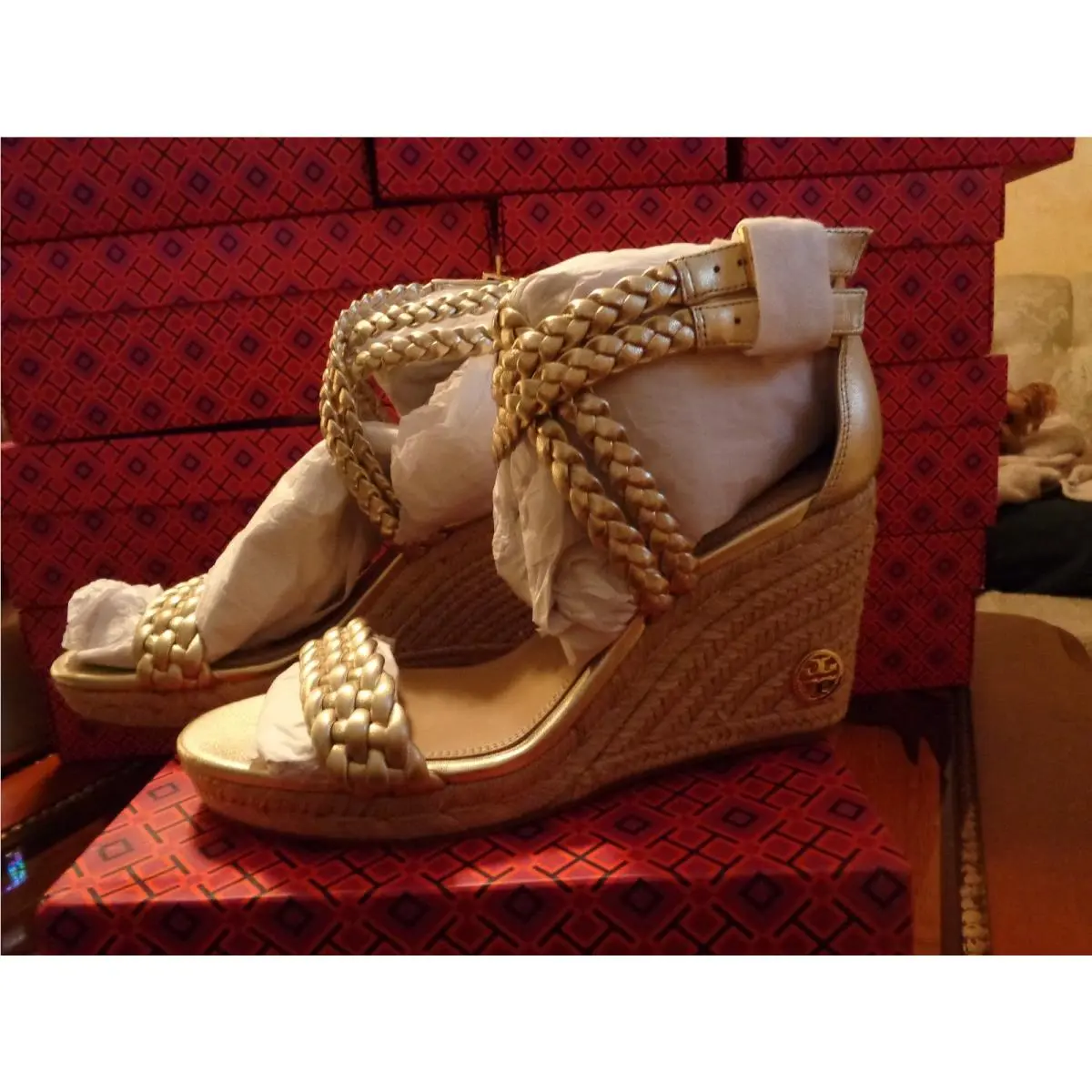 Tory Burch Bailey Anklestrap Wedge Espadrille Spark Gold Size 10