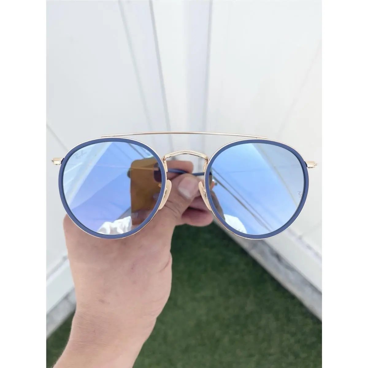 Ray Ban Round Double Bridge RB3647-N 3647 Gold Blue Flash Lens Size 51/22
