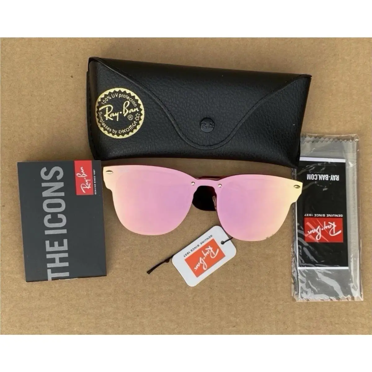 Ray Ban Blaze Clubmaster Gold 3576N 043/E4 Pink Mirror Lenses Unisex 47mm