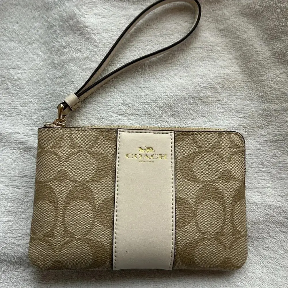 Signature Logo Wristlet Wallet w/ Wrist Strap Beige Brown Women`s by Coach