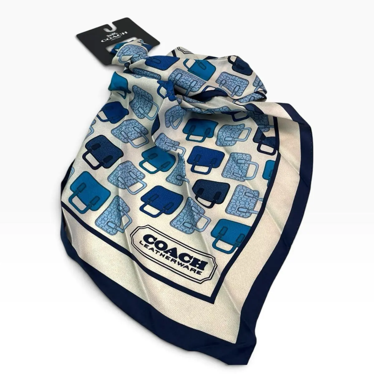 Coach Trompe L`oeil Bag Print Silk Scarf 35x35 Cream Blue Preppy Hair Neck