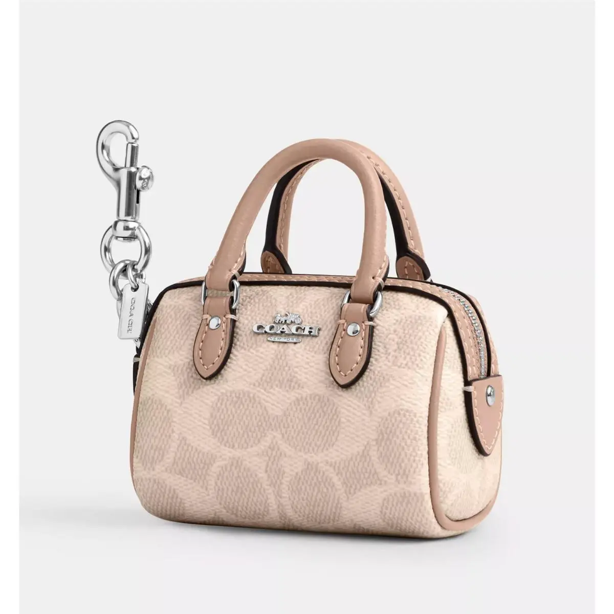 Coach CX068 Mini Rowan Sand Taupe Signature Leather Trigger Bag Charm
