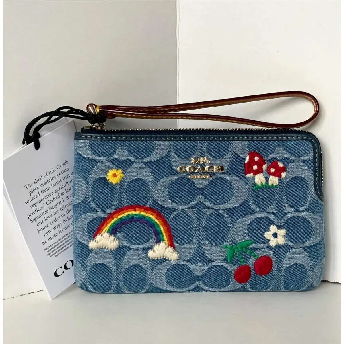 Coach Corner Zip Wristlet CDF35 Rainbow Floral Signature Denim Blue
