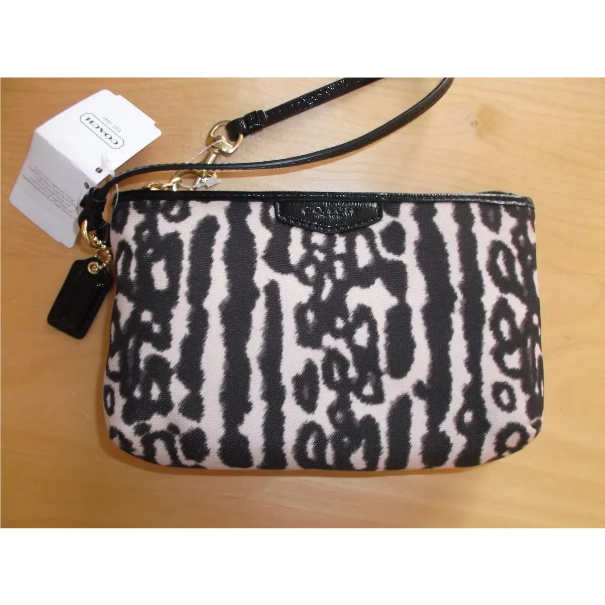 Coach F51709 Signature Ocelot Print Black Multi Medium Topzip Phone Wristlet