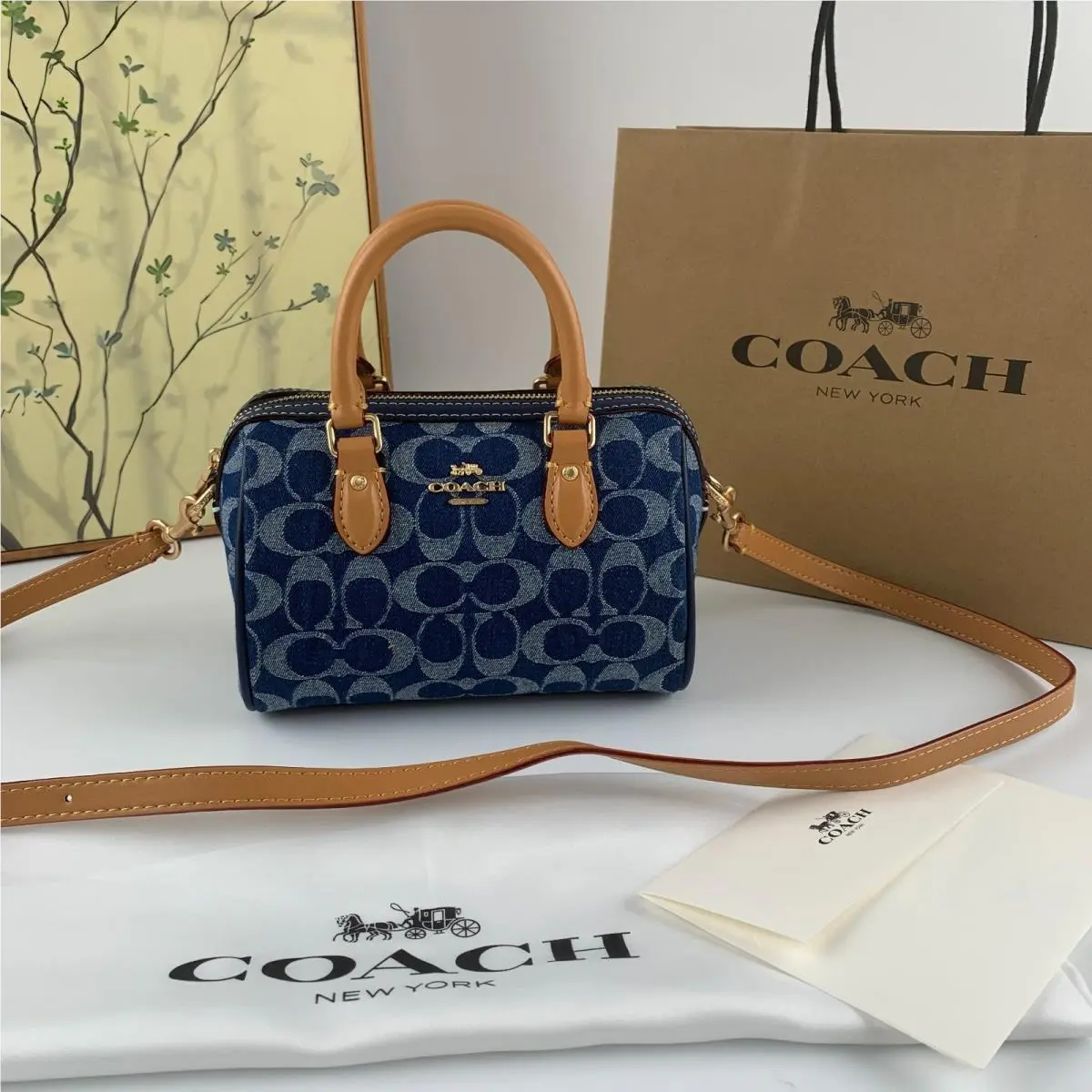 Coach CY742 Mini Rowan Satchel Bag Signature Canvas Blue Brown Outlet