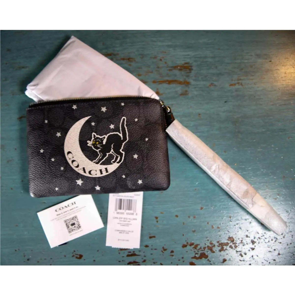 Corner Zip Wristlet Wallet Halloween Black Cat Moon Charcoal Silver by Coach