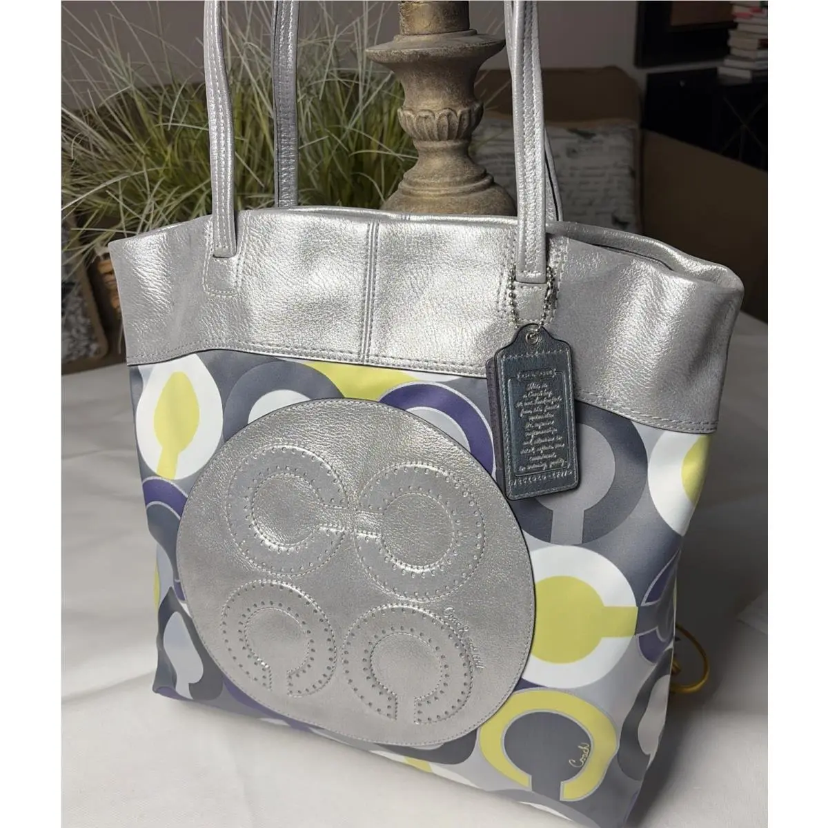 Coach Metallic Silver Logo Tote Purple Lining Magnetic Zip Pocket Hang Tag Charm