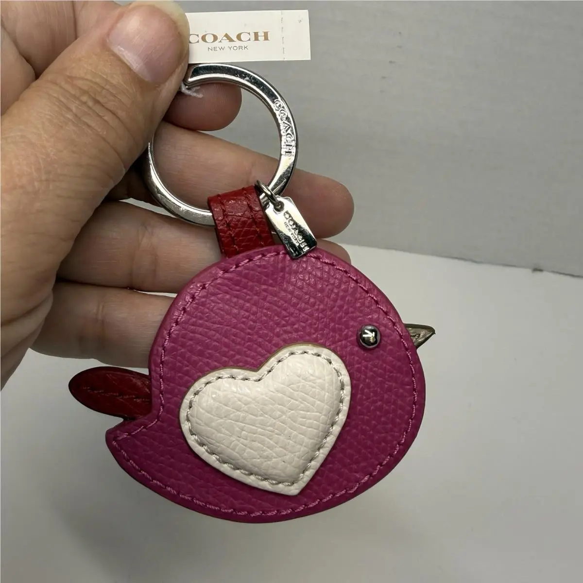 Coach Pink Leather Love Bird Keychain Key Fob Bag Charm Retired
