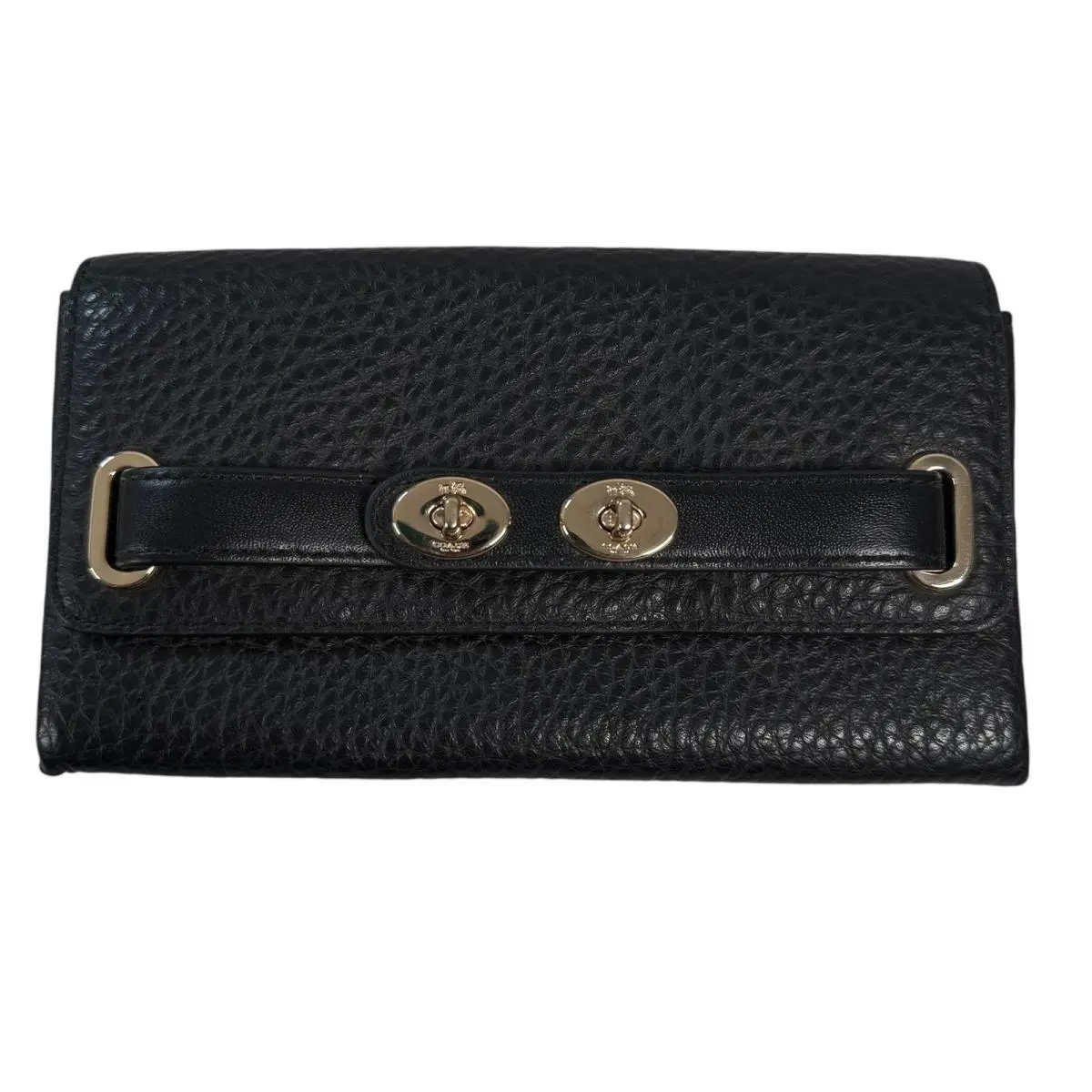 Coach Black Pebble Bubble Leather Double Turnlock Wallet Clutch Black Gold 53425