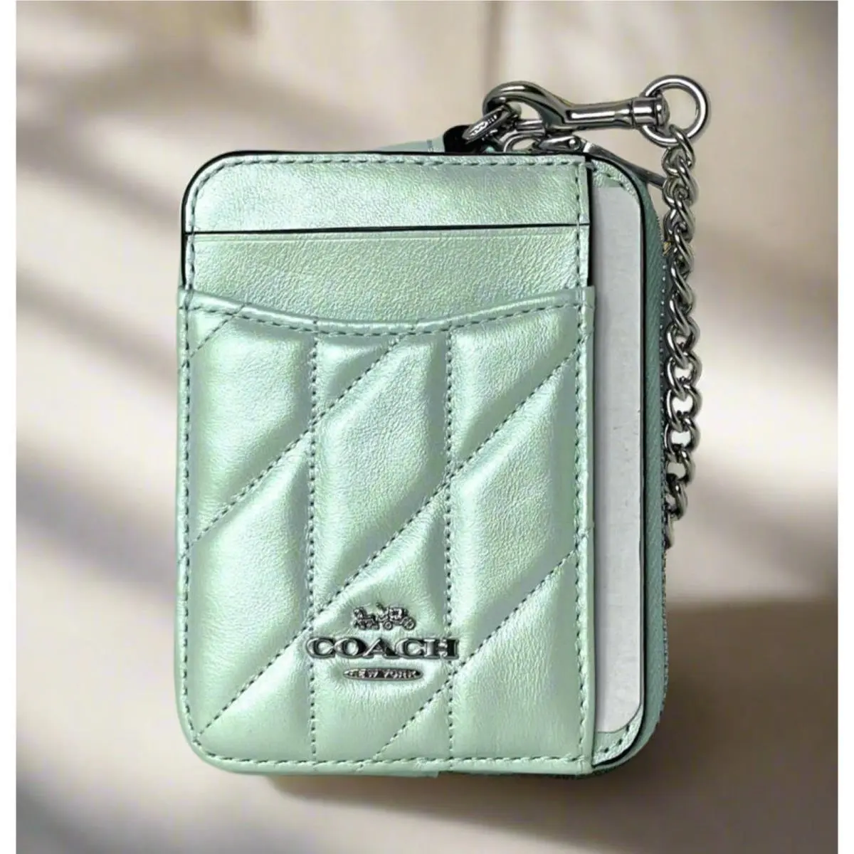 Coach Zip Card Case ID Wallet CBL77 Quilted Pearlized Leather Green