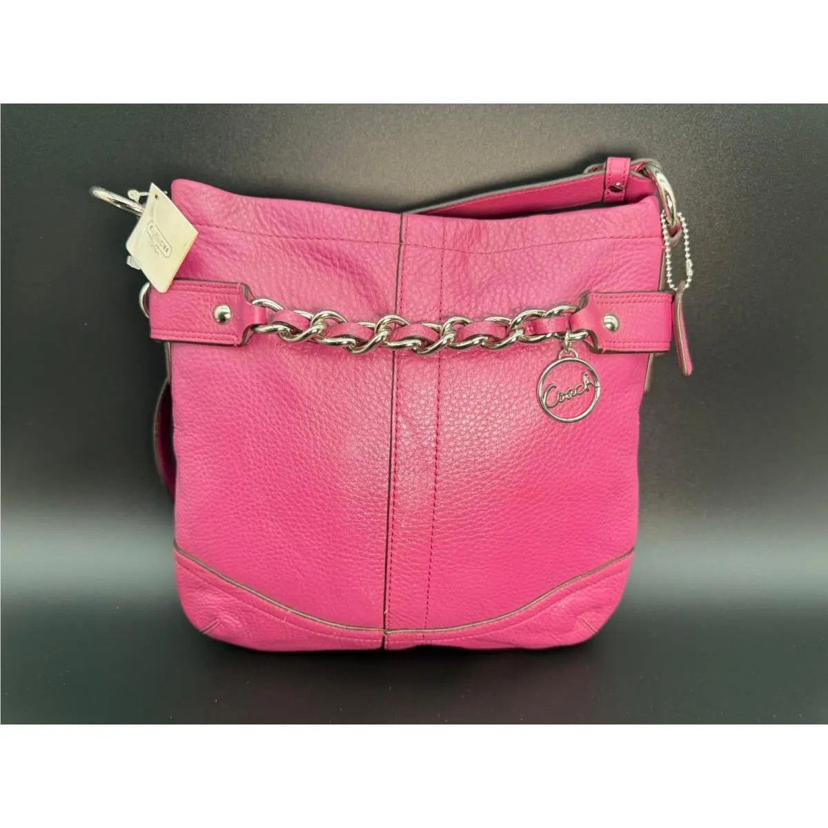 Vintage Coach F19722 Crossbody Bag Women`s Pink Pebbled Leather Chain Detail