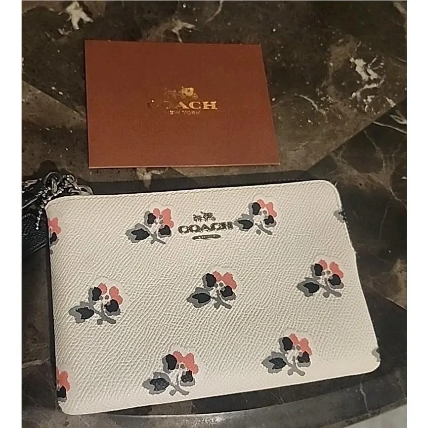 Coach Wristlet Flowers White with Gift Box Tags Ribbon Care Instructions