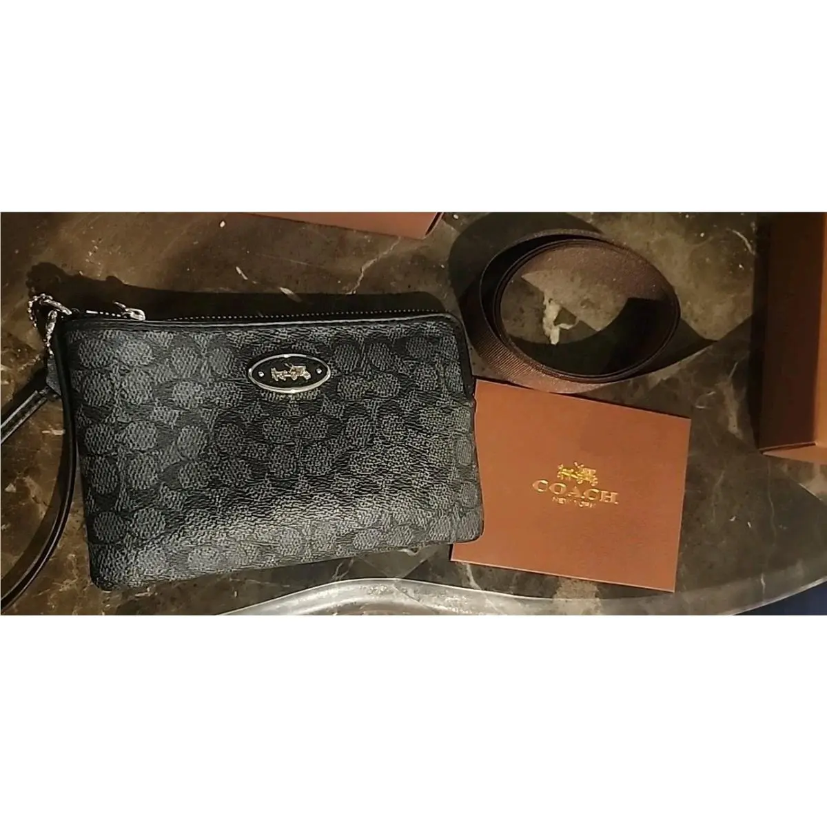 Coach Wristlet Black with Gift Box Tags Ribbon Care Instructions