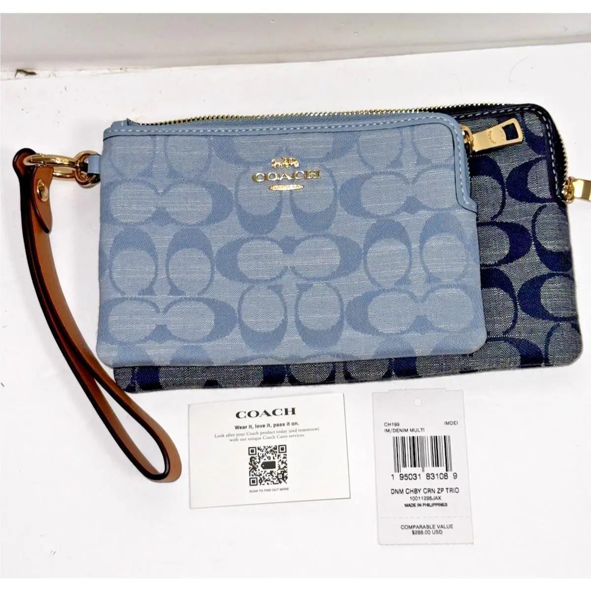 Coach Denim Signature Chambray Corner Zip Wristlet Pouch Set Lot of 2