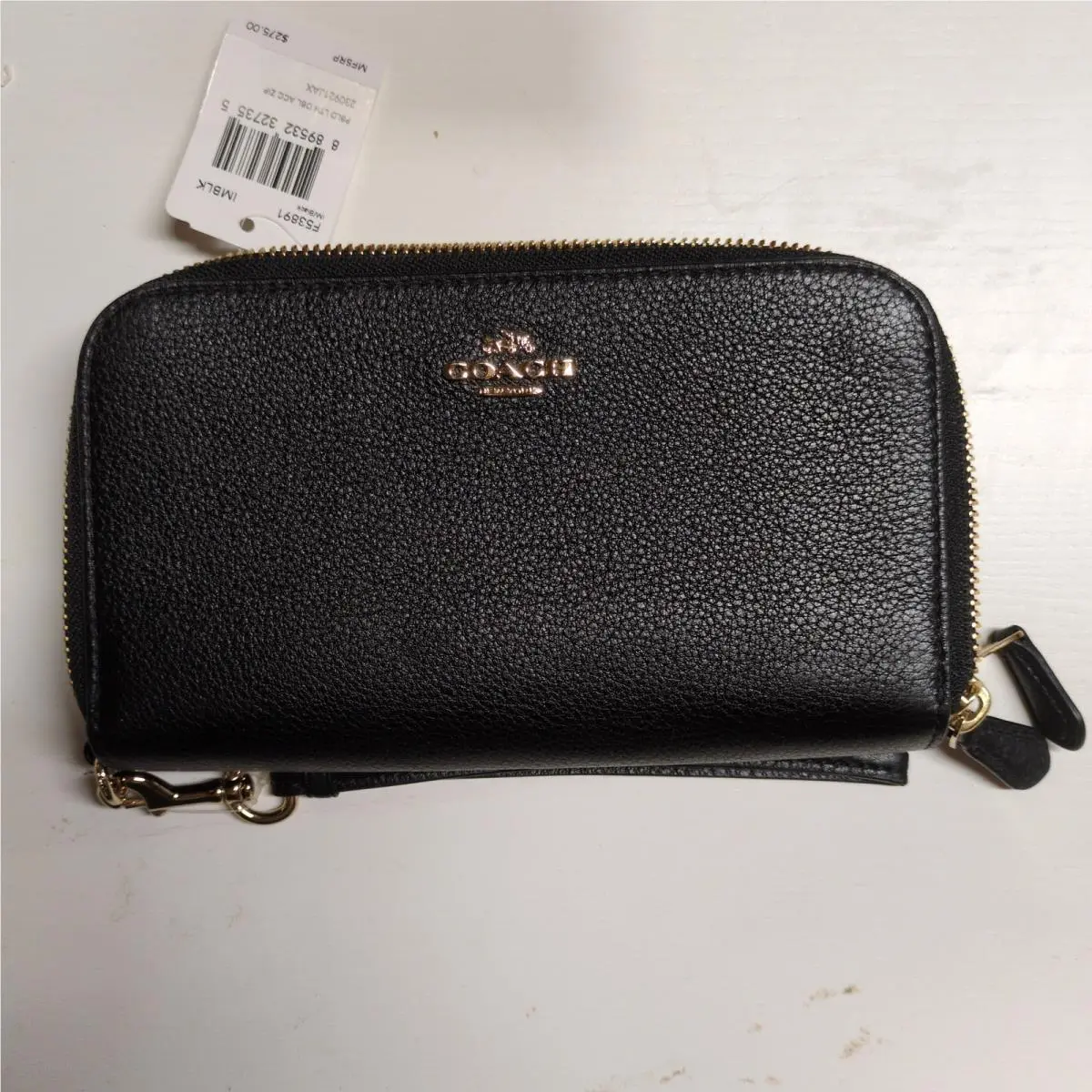 Coach Black Pebbled Leather Zip Cosmetic Pouch with Gold Trim