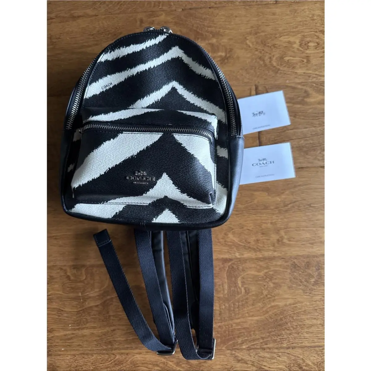 Coach Zebra Pattern Backpack Black White Women`s Designer with Zipper Tag