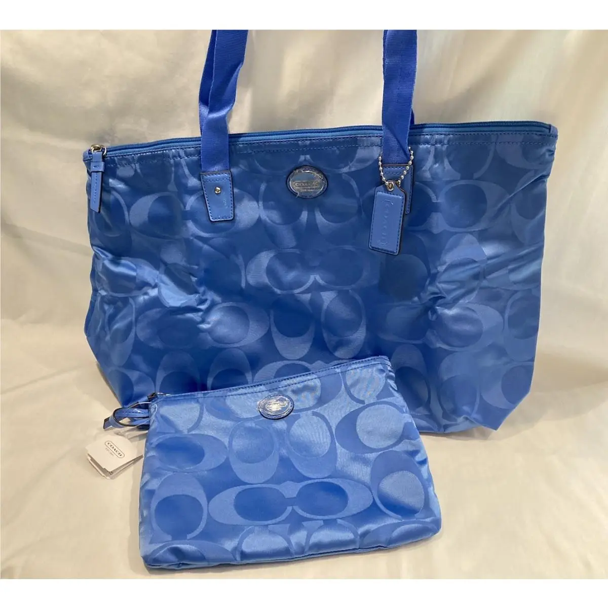 Coach Signature Nylon Packable Weekender Tote Cosmetic Bag Cool Blue
