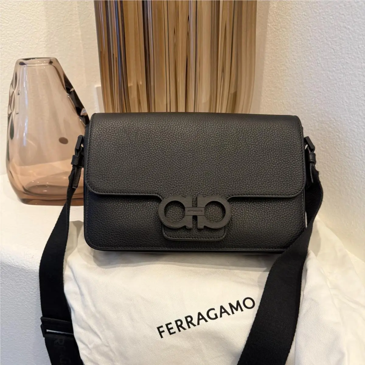 Salvatore Ferragamo Black Leather Gancini-buckle Shoulder Bag Messenger