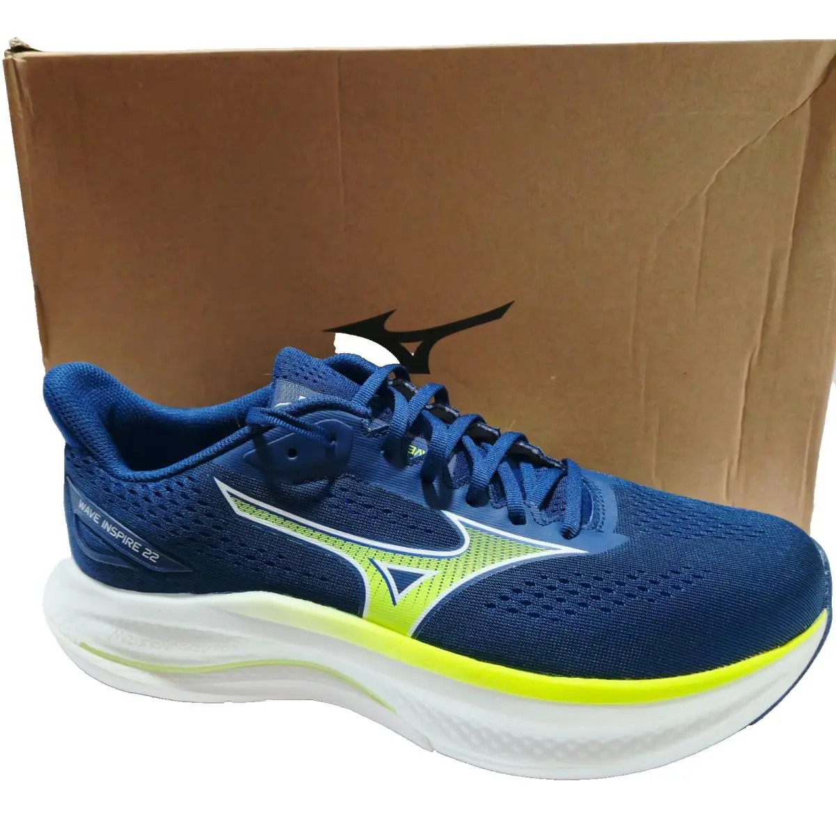 Mizuno Men`s Wave Inspire 22 2E Wide Running Shoes Navy Blue Yellow Size 11