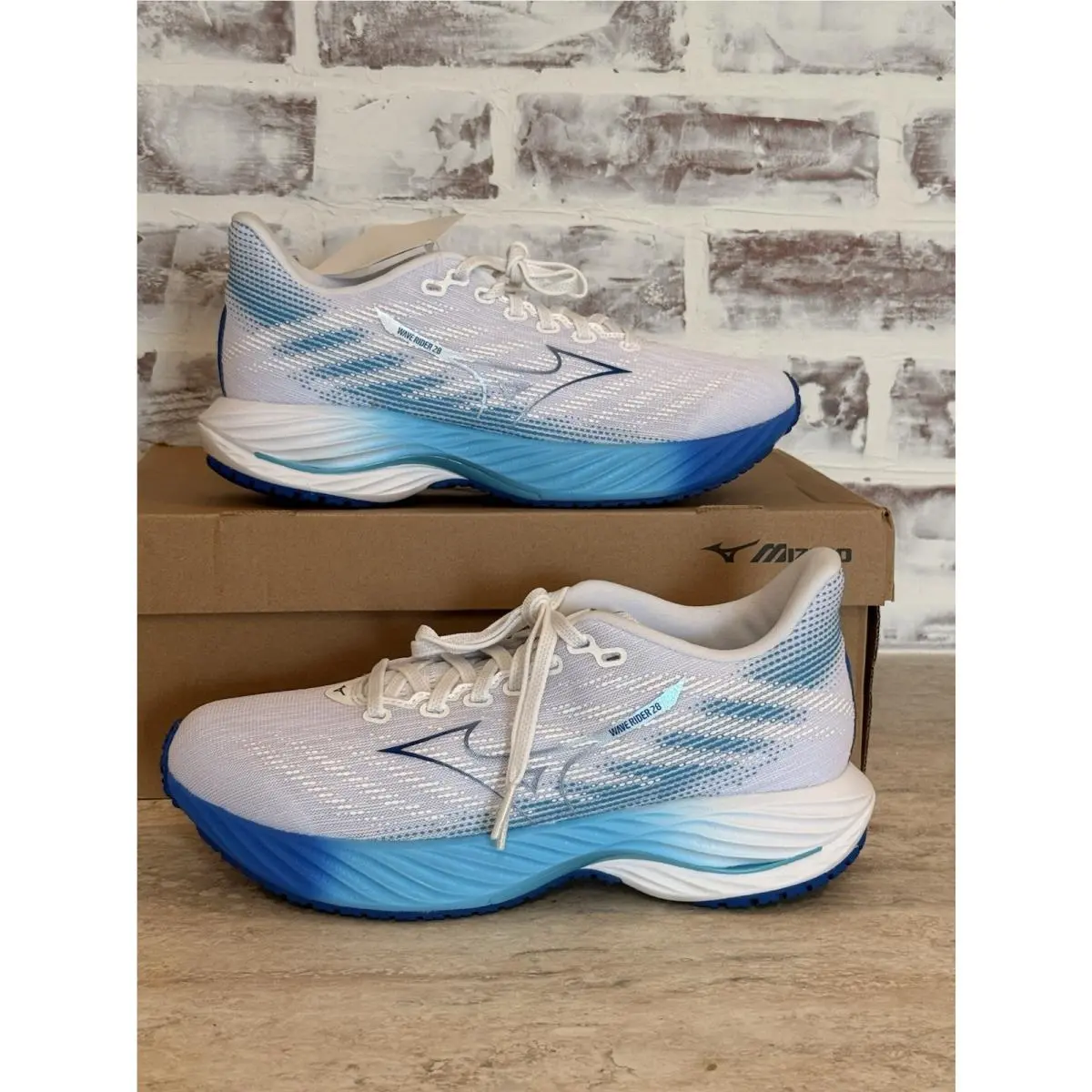 Mizuno Women`s Wave Rider 28 Running Shoe - White-mungen Blue - Size 8