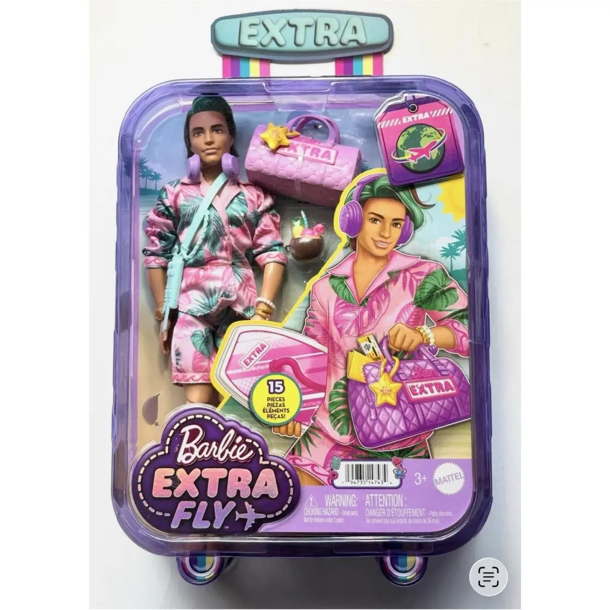 Barbie Extra Fly Ken Doll HNP86 Beach Travel 15 Pc Set Nrfb Mattel 2023