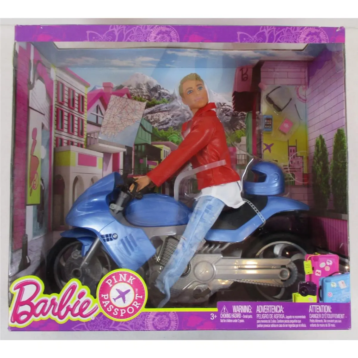 New/mib Barbie Pink Passport Ken Doll w/ Motorcycle Red Jacket 2017 Mattel Nrfb