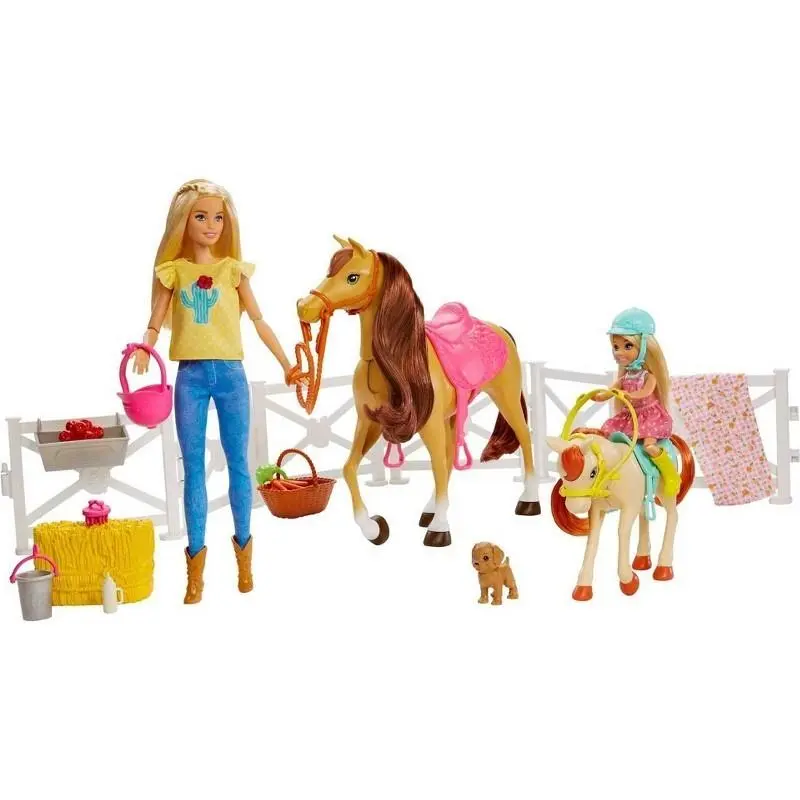 Barbie Hugs N Horses Playset 2 Dolls 2 Horses Puppy 15+ Accessories 19 Pcs