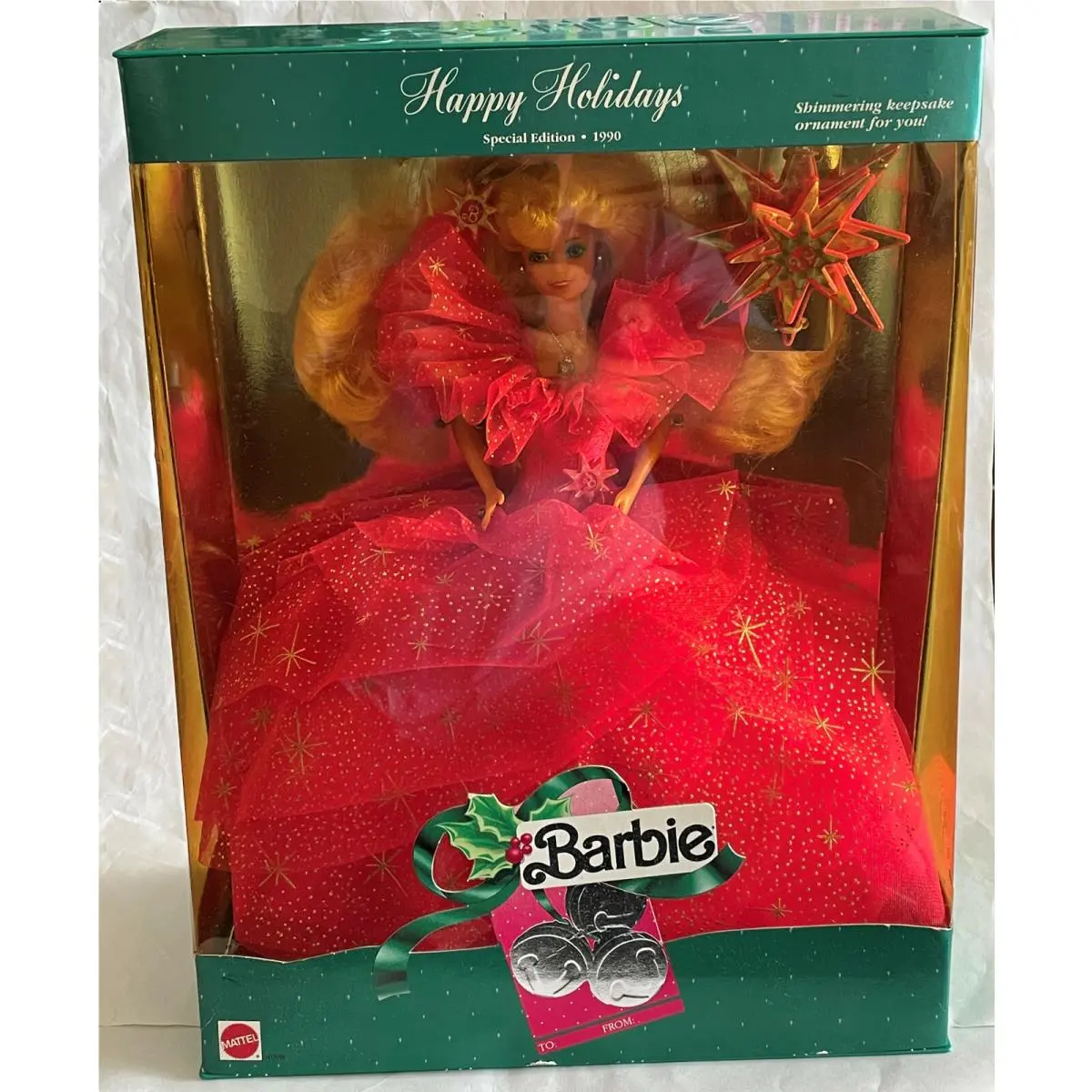 1990 Special Edition Happy Holidays Barbie Doll Mattel Red Dress W/ Ornament