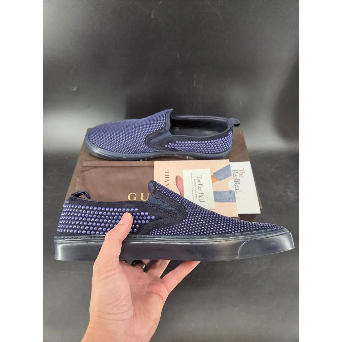 Gucci Kid Scam Studded Slip On Loafer Dark Blue Size 10.5 Box