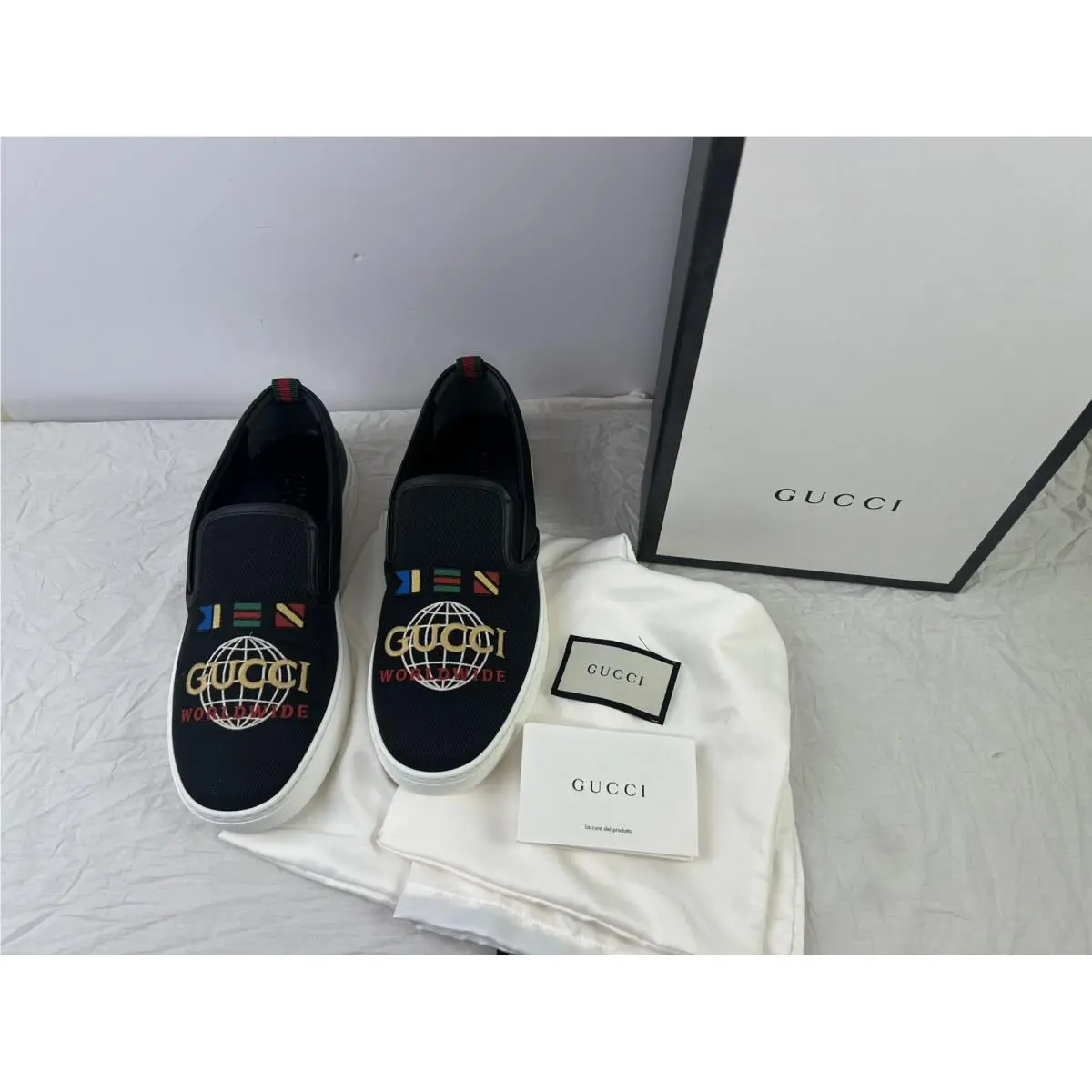 Gucci Dublin Worldwide Black Canvas Leather Slip ON Sneakers US 8